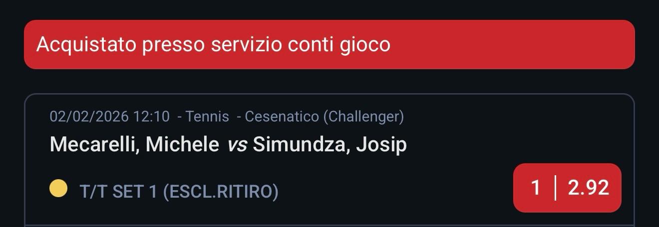 Screenshot originale della giocata accettata a quota 2.92.